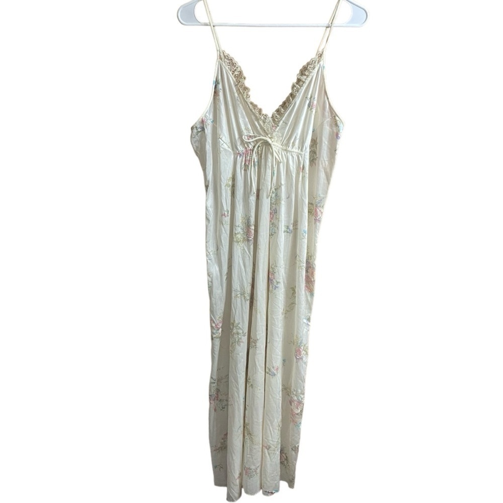 VTG Satin Floral Nightgown Lace Trim Slip Dress SZ L Ivory Boho Cottagecore Maxi